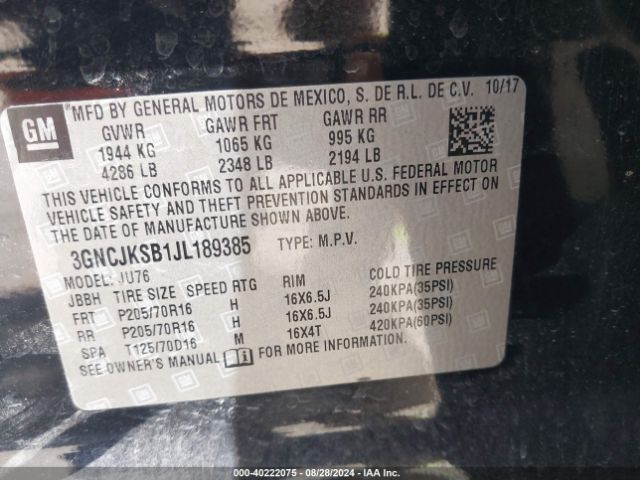 3GNCJKSB1JL189385 Chevrolet TRAX LS