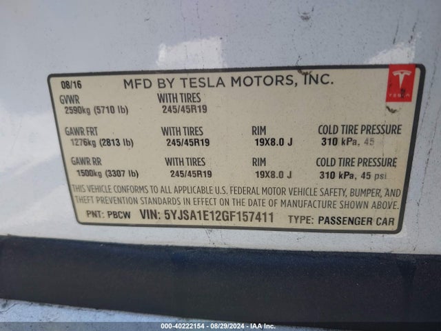 2016 TESLA MODEL S 5YJSA1E12GF157411 Photo 8