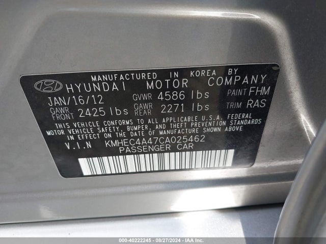40222245 :رقم المزاد ، KMHEC4A47CA025462 vin ، 2012 Hyundai Sonata Hybrid مزاد بيع