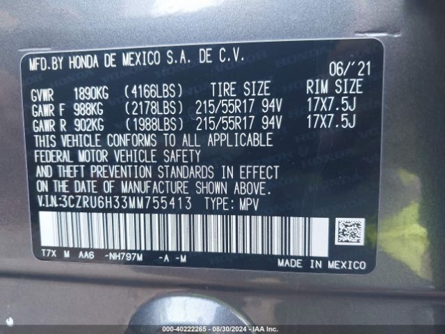 3CZRU6H33MM755413 Honda Hr-v Awd Lx