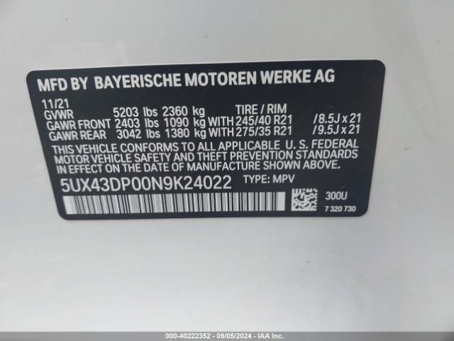 5UX43DP00N9K24022 BMW X3 Sdrive30i