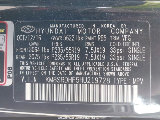 Hyundai Santa Fe Se Ultimate 2017 KM8SRDHF5HU219728 Image 9