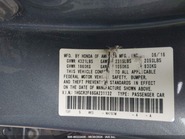 Honda Accord Ex-l 2016 1HGCR2F86GA231132 Image 9