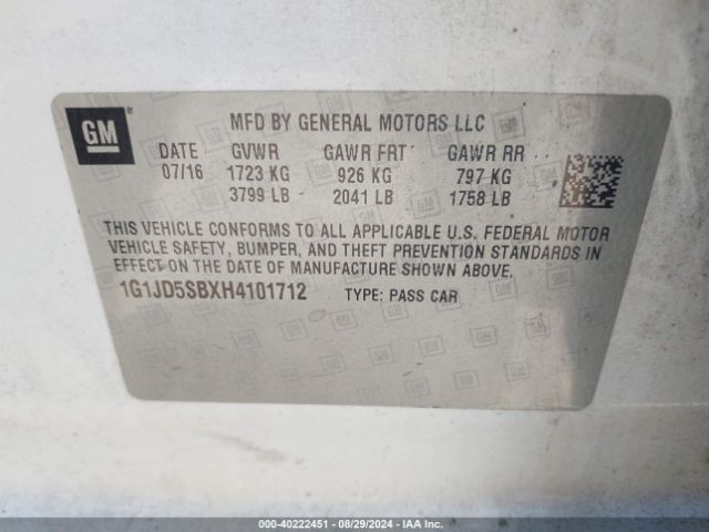 1G1JD5SBXH4101712 Chevrolet Sonic Lt Auto