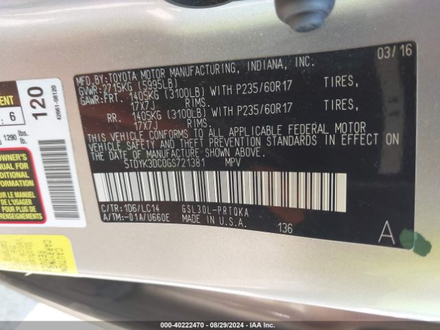 5TDYK3DC0GS721381 Toyota Sienna Xle Premium 8 Passenger