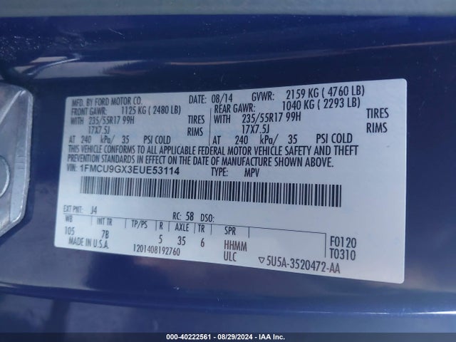 Ford ESCAPE SE 2014 1FMCU9GX3EUE53114 Image 9