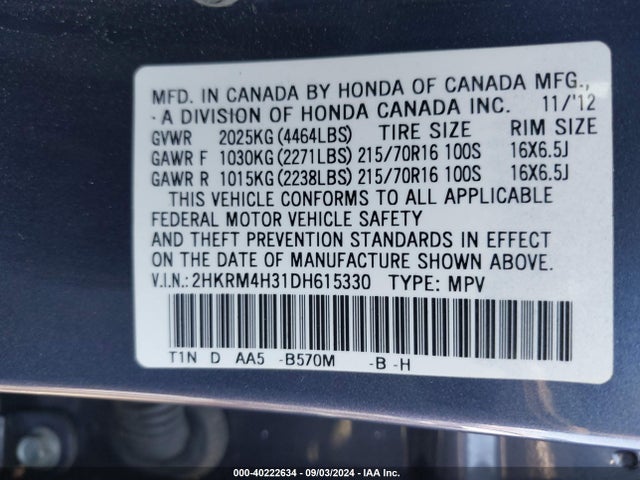 Продаж на аукціоні авто 2013 Honda Cr-v Lx, vin: 2HKRM4H31DH615330, номер лоту: 40222634