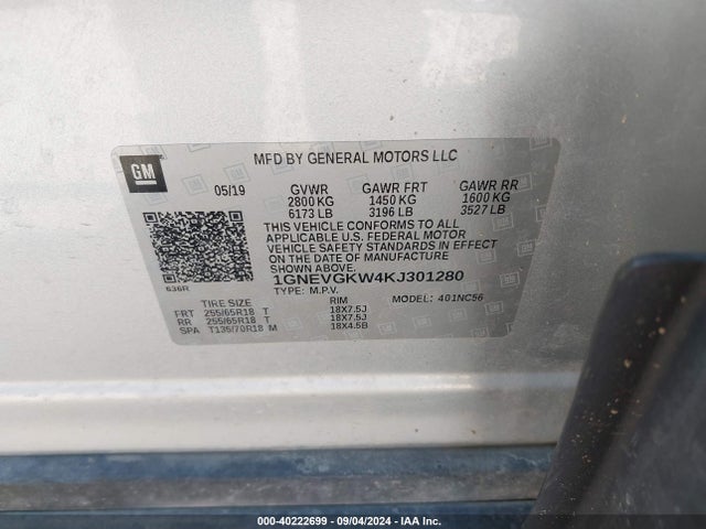 Chevrolet Traverse 1lt 2019 1GNEVGKW4KJ301280 Image 9