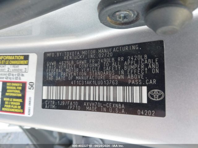 4T1C31AK1LU013763 Toyota Camry Le Hybrid