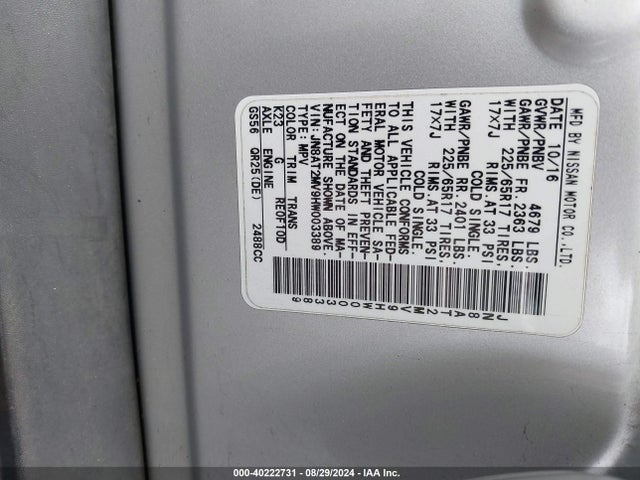 Nissan ROGUE SV 2017 JN8AT2MV9HW003389 Image 9