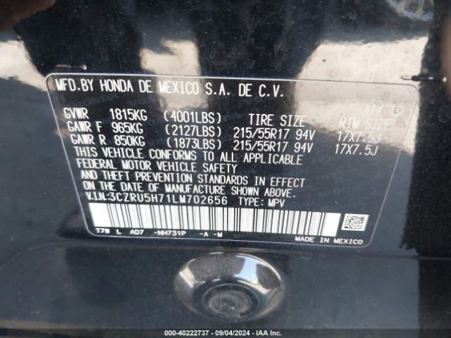 3CZRU5H71LM702656 Honda Hr-v 2wd Ex-l