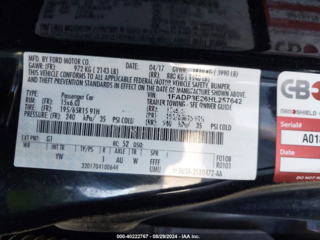 1FADP3E26HL257642 Ford FOCUS S