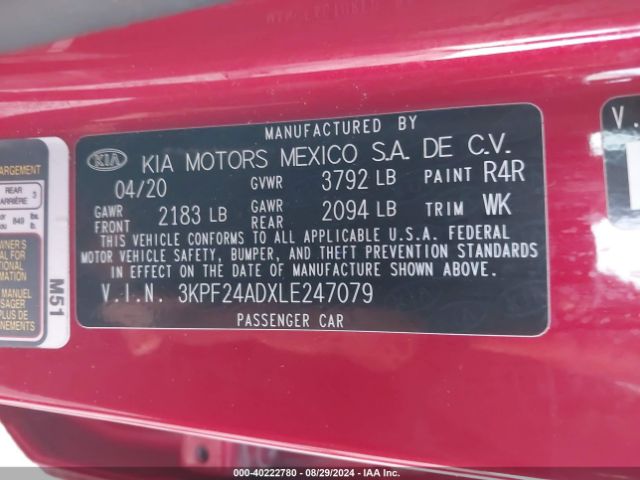 3KPF24ADXLE247079 KIA Forte Lxs
