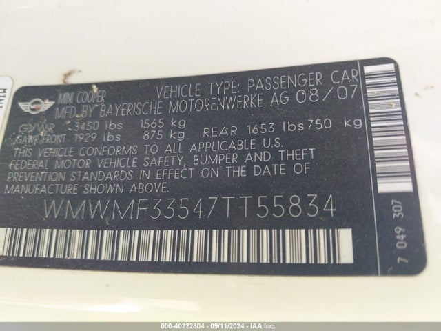 2007 MINI COOPER WMWMF33547TT55834 Photo 8