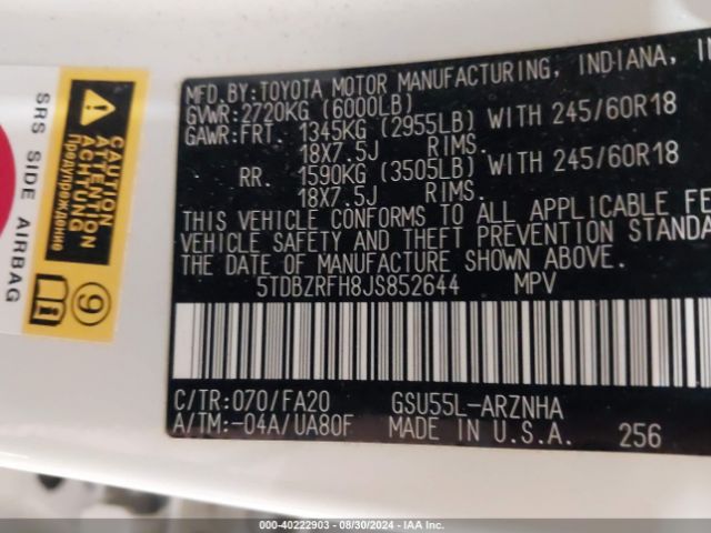 5TDBZRFH8JS852644 Toyota Highlander Le Plus