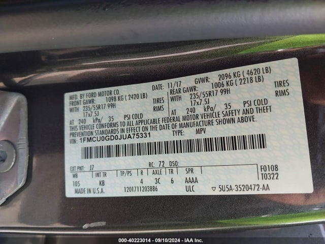 Ford ESCAPE SE 2018 1FMCU0GD0JUA75331 Image 9