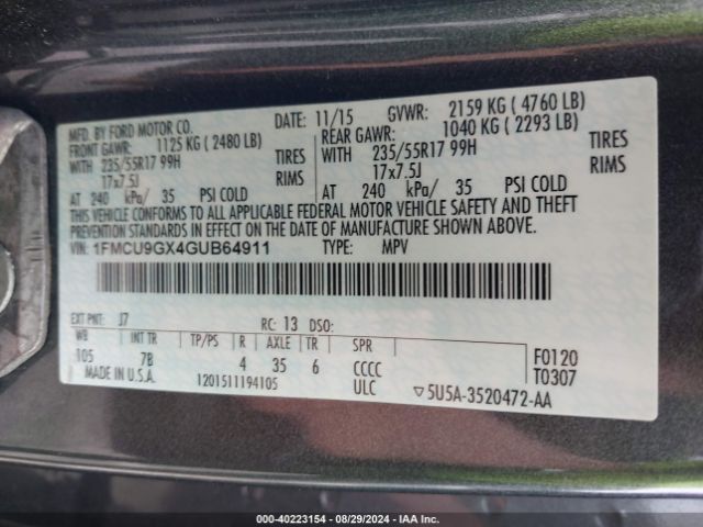 1FMCU9GX4GUB64911 Ford ESCAPE SE