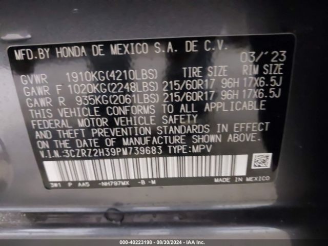 3CZRZ2H39PM739683 Honda Hr-v Awd Lx