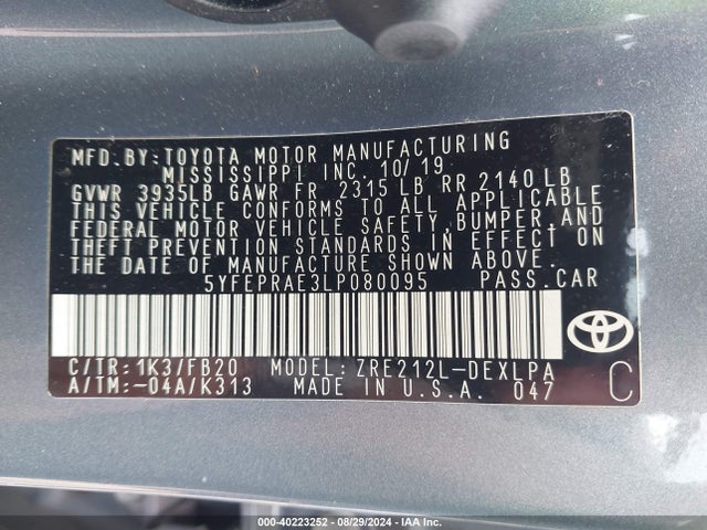 Toyota COROLLA LE 2020 5YFEPRAE3LP080095 Image 9