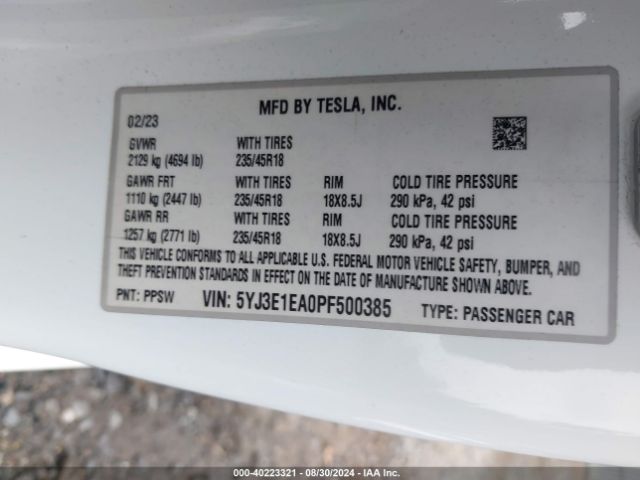 5YJ3E1EA0PF500385 Tesla Model 3 Rear-wheel Drive