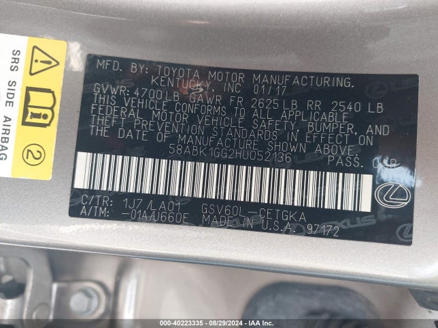 Lexus ES 350 2017 58ABK1GG2HU052136 Image 9