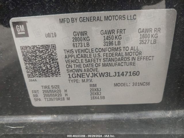 1GNEVJKW3LJ147160 Chevrolet Traverse Awd Rs