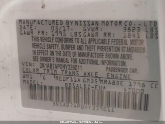 3N1AB7AP0HY339011 Nissan SENTRA SV
