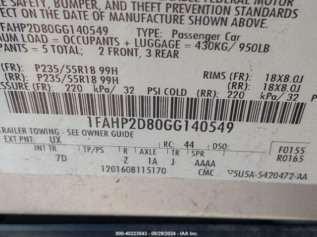 1FAHP2D80GG140549 Ford TAURUS SE