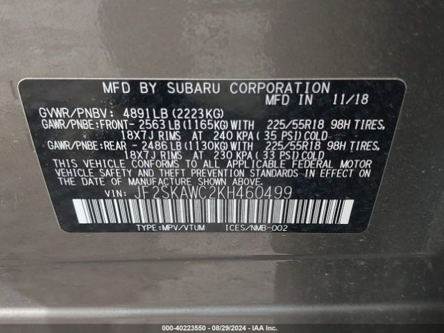 JF2SKAWC2KH460499 Subaru Forester Touring