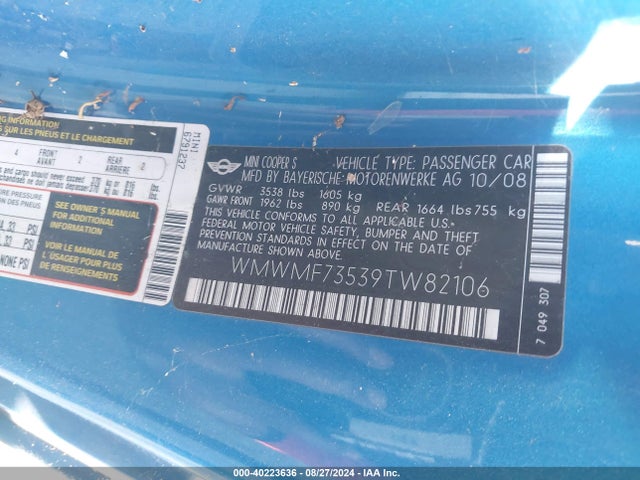 2009 MINI COOPER S WMWMF73539TW82106 Photo 8