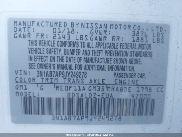 Nissan SENTRA SV 2018 3N1AB7AP9JY249278 Image 9