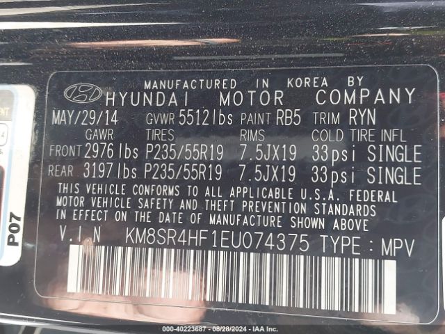 KM8SR4HF1EU074375 Hyundai Santa Fe Limited