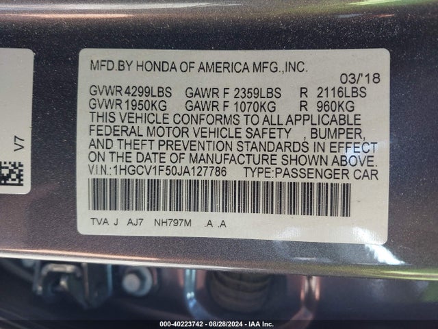 Honda Accord Ex-l 2018 1HGCV1F50JA127786 Image 9