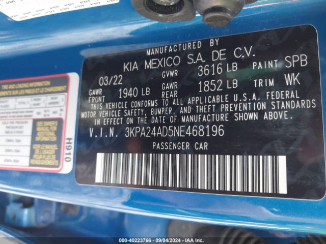 3KPA24AD5NE468196 KIA RIO S