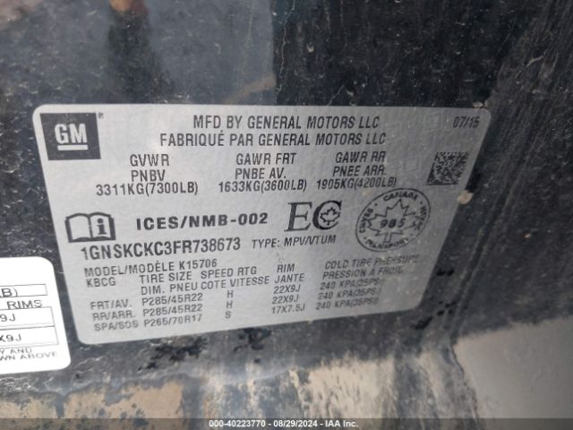 1GNSKCKC3FR738673 Chevrolet Tahoe Ltz