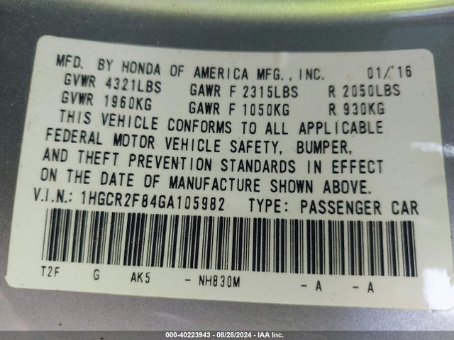 Honda Accord Ex-l 2016 1HGCR2F84GA105982 Image 9