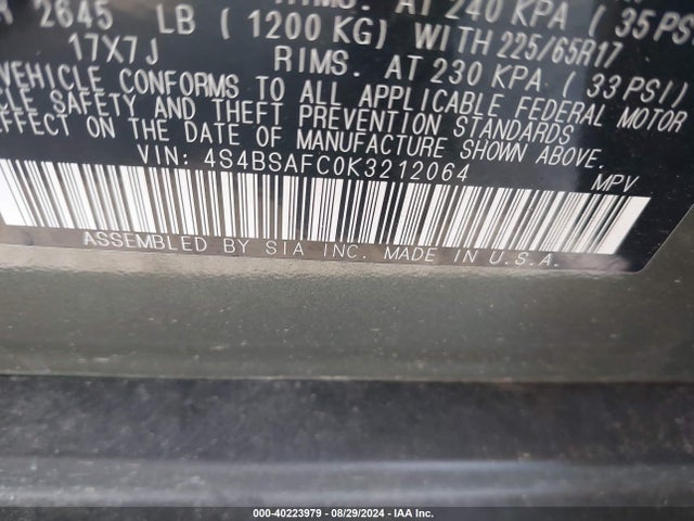 Subaru Outback 2.5i Premium 2019 4S4BSAFC0K3212064 Image 9