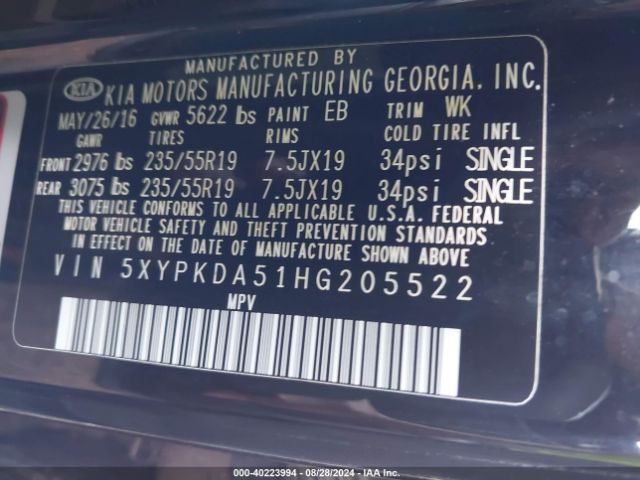5XYPKDA51HG205522 KIA Sorento 3.3l Sxl