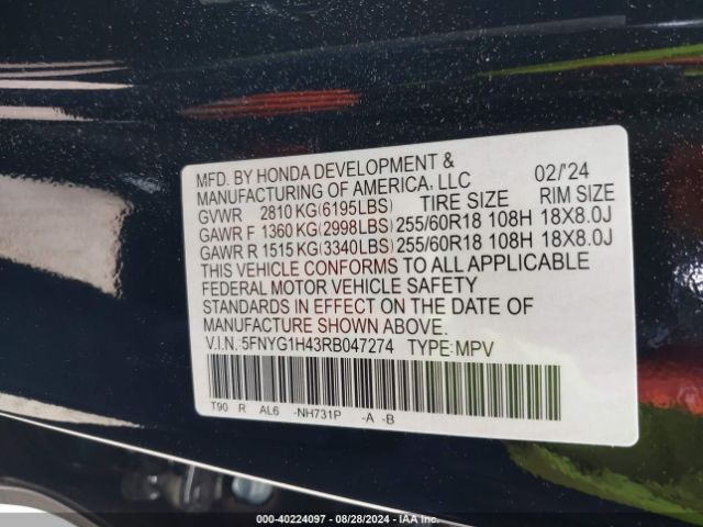 5FNYG1H43RB047274 Honda Pilot Awd Ex-l