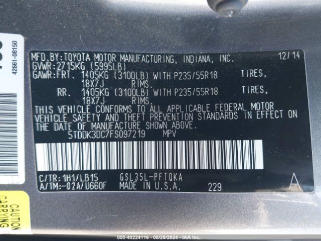 5TDDK3DC7FS097219 Toyota Sienna Limited Premium 7 Passenger