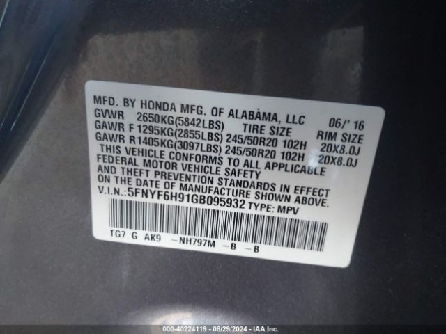 5FNYF6H91GB095932 Honda Pilot Touring