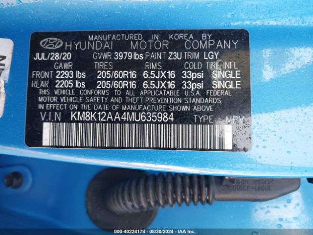 KM8K12AA4MU635984 Hyundai Kona Se