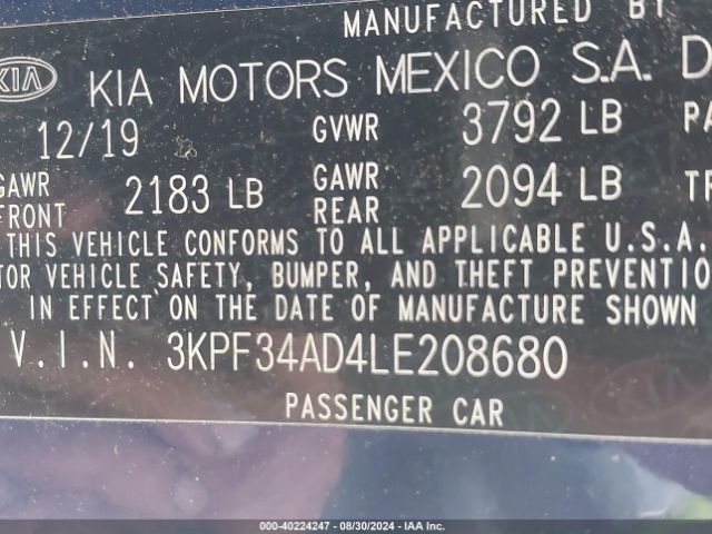 3KPF34AD4LE208680 KIA Forte Gt-line