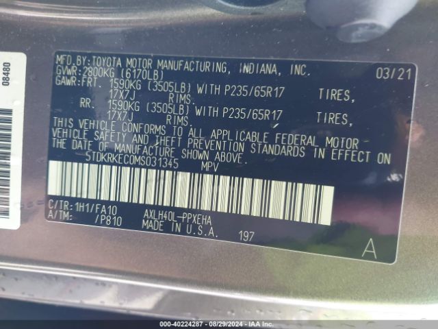 5TDKRKEC0MS031345 Toyota SIENNA LE