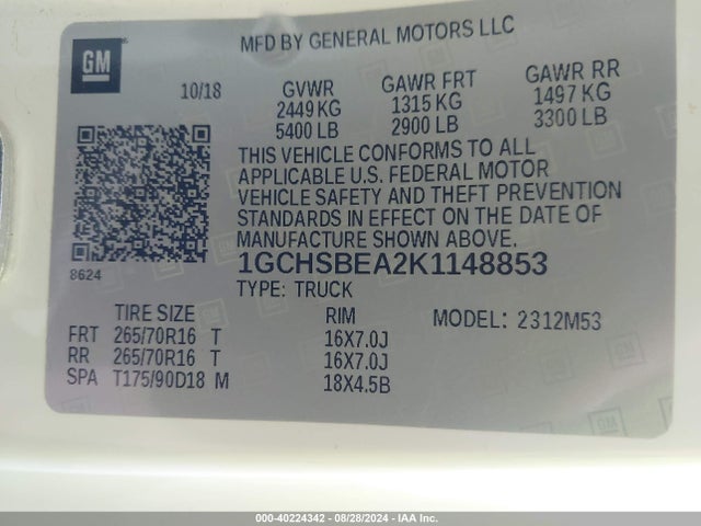 Chevrolet Colorado Wt 2019 1GCHSBEA2K1148853 Image 9
