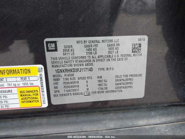 Chevrolet Traverse 2lt 2015 1GNKRHKD3FJ117143 Image 9