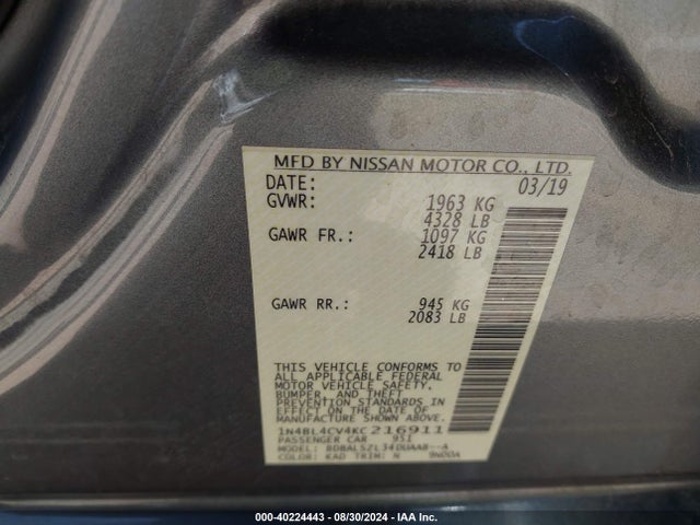 Nissan Altima 2.5 Sr 2019 1N4BL4CV4KC216911 Image 9