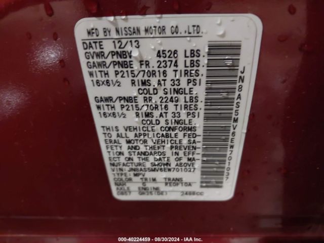 JN8AS5MV6EW701037 Nissan Rogue Select S