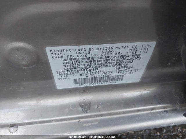 Aukcja sprzedaży 2015 Nissan Versa 1.6 S+, vin: 3N1CN7AP1FL954645, numer aukcji: 40224505