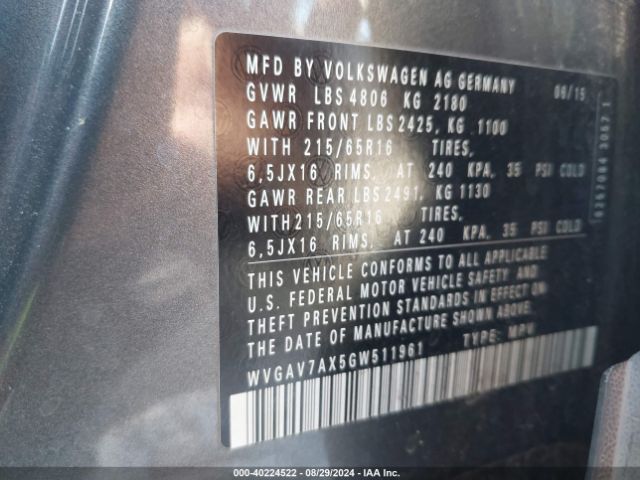 WVGAV7AX5GW511961 Volkswagen TIGUAN S